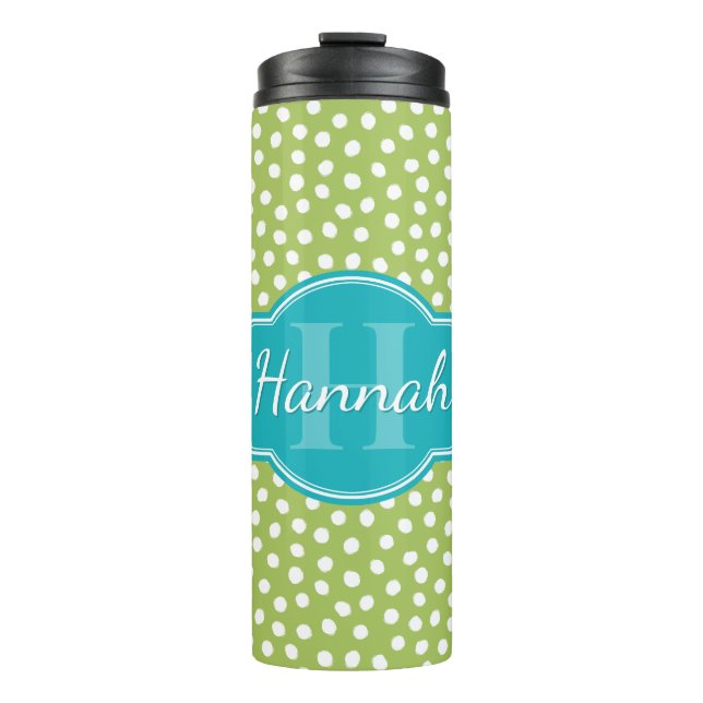 Green White Dotted Pattern Teal Monogram Thermal Tumbler (Front)