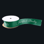 Green White Elegant Wedding Personalised Name Satin Ribbon<br><div class="desc">Green White Elegant Wedding Personalised Name Custom Satin Ribbon features your personalised names in elegant white calligraphy script on a green background. Personalised by editing the text in the text boxes. Designed by ©Evco Studio www.zazzle.com/store/evcostudio</div>