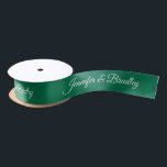 Green White Elegant Wedding Personalised Name Satin Ribbon<br><div class="desc">Green White Elegant Wedding Personalised Name Custom Satin Ribbon features your personalised names in elegant white calligraphy script on a green background. Personalised by editing the text in the text boxes. Designed by ©Evco Studio www.zazzle.com/store/evcostudio</div>