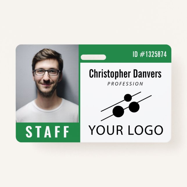 Green White Employee ID Photo & Large Logo ID Badge (Front)