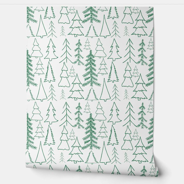 Green White Festive Christmas Tree Peel and Stick Wallpaper (Unrolling)