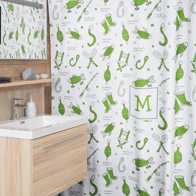Green White Fishing Seamless Pattern Monogrammed Shower Curtain (Creator Uploaded)