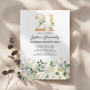 Green & White Floral 21st Birthday Party Invitation