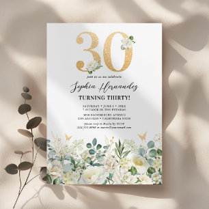 Green & White Floral 30th Birthday Party Invitation