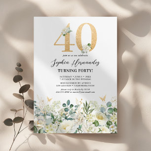 Green & White Floral 40th Birthday Party Invitation
