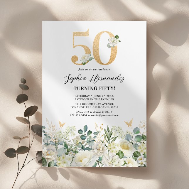 Green & White Floral 50th Birthday Party Invitation (Creator Uploaded)