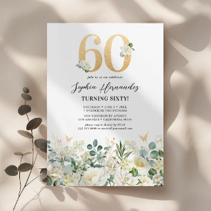 Green & White Floral 60th Birthday Party Invitation