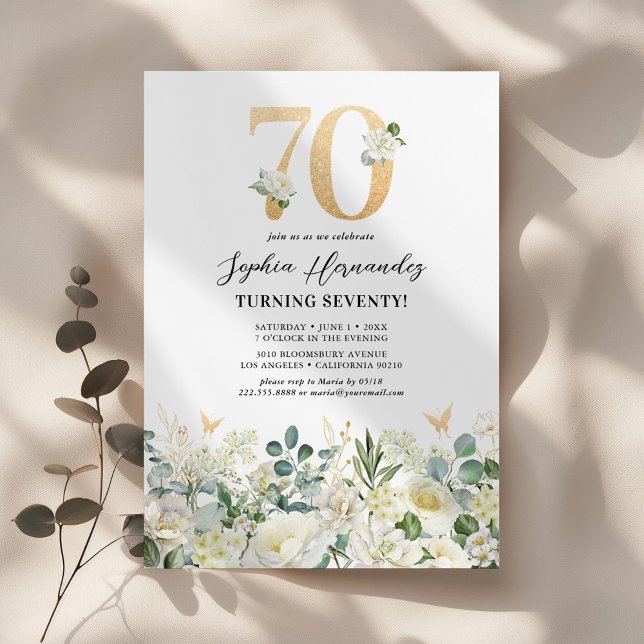 Green & White Floral 70th Birthday Party Invitation (Creator Uploaded)