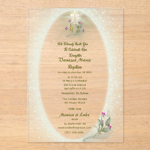 Green&White floral Baptism Acrylic invitation 