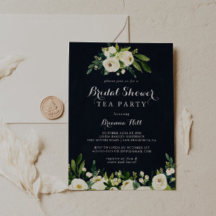 Green White Floral Blue Bridal Shower Tea Party  Invitation