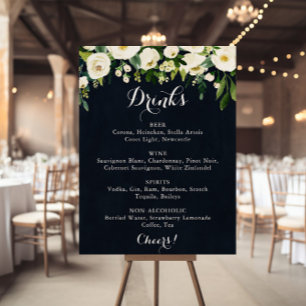 Green White Floral Blue Wedding Drinks Menu Sign
