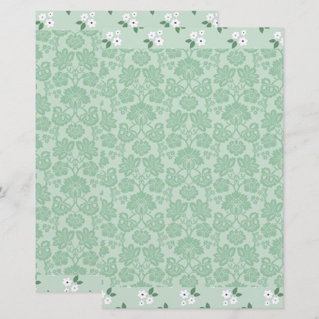 Green White Floral Damask Simple Modern Stationery (Front/Back)