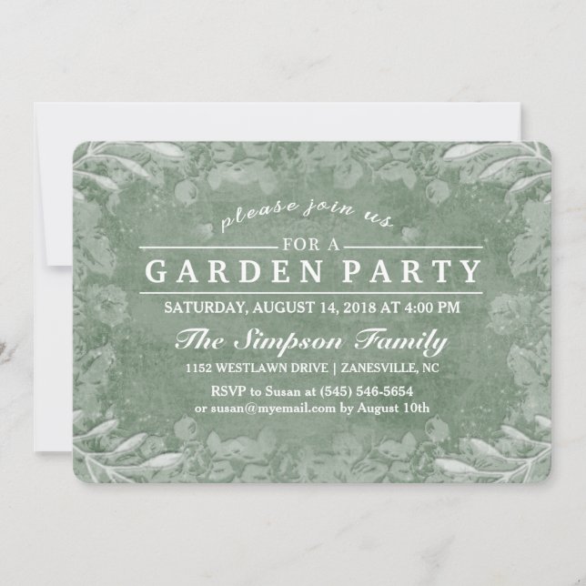 Green & White Floral Garden Party Invitation (Front)