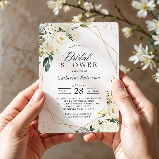 Green White Floral Gold Geometric Bridal Shower Invitation (Creator Uploaded)