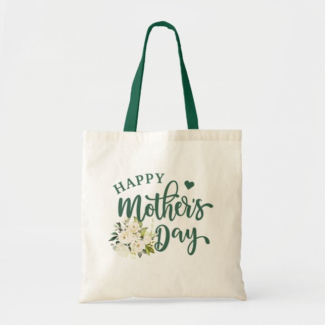Green White Floral Happy Mother's Day Tote Bag (Front)