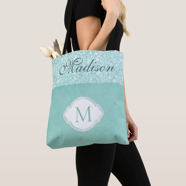 Green White Floral Pastel Trendy Monogram Tote Bag (Close Up)