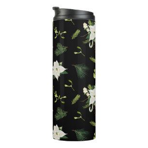Green White Floral Pattern on Black Thermal Tumbler