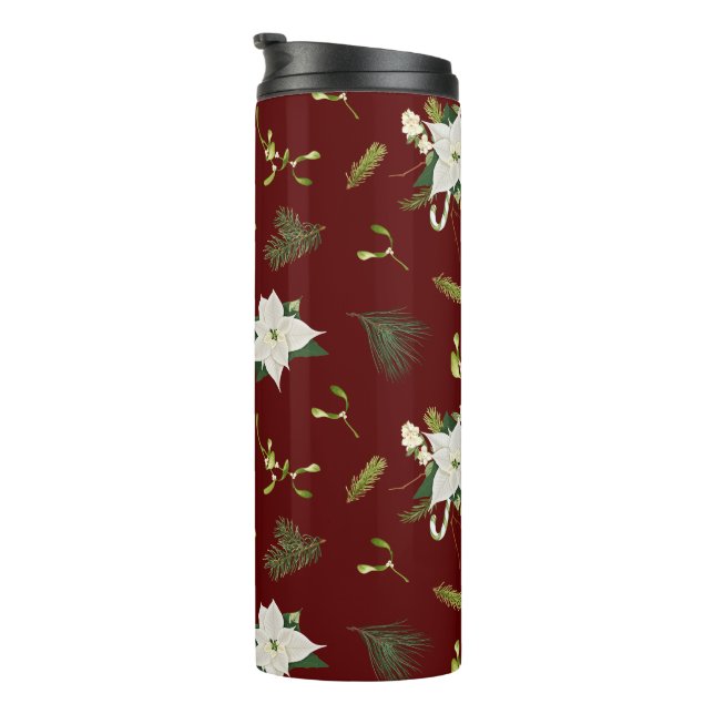 Green White Floral Pattern on Maroon Thermal Tumbler (Rotated Right)