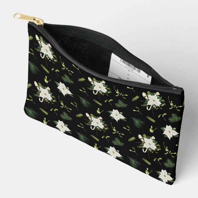 Green White Floral Pattern on Modern Black Accessory Pouch (Open)