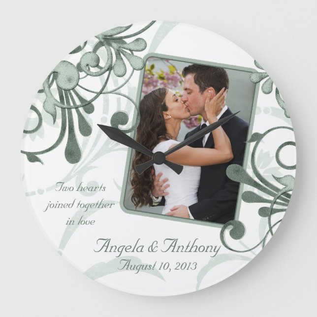 Green White Floral Personalised Photo Template Large Clock (Front)