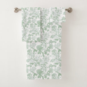 Green White Floral Roses French Chinoiserie Bath Towel Set