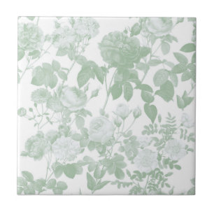 Green White Floral Roses French Pattern Ceramic Tile