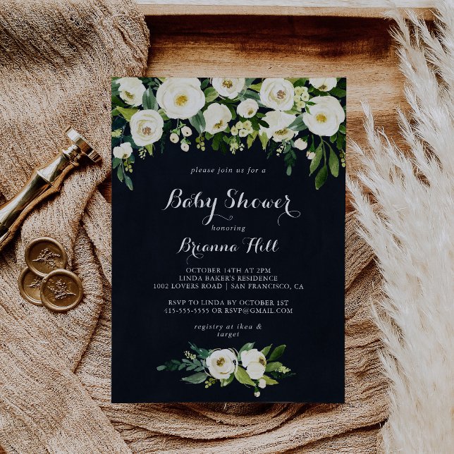 Green White Floral Royal Blue Baby Shower  Invitation (Creator Uploaded)