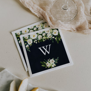 Green White Floral Royal Blue Monogram Wedding Napkin