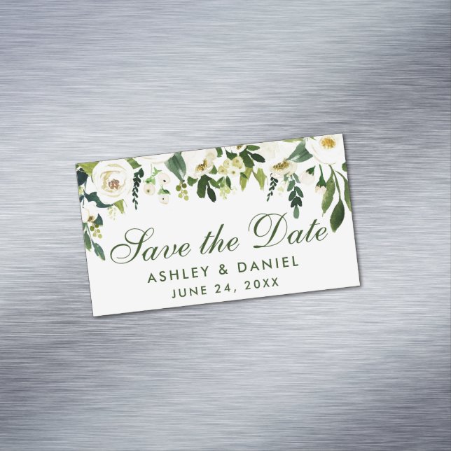 Green White Floral Save The Date Mini Magnet (In Situ)