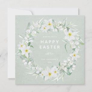 Green + White Floral Wreath Happy Easter Flat Card