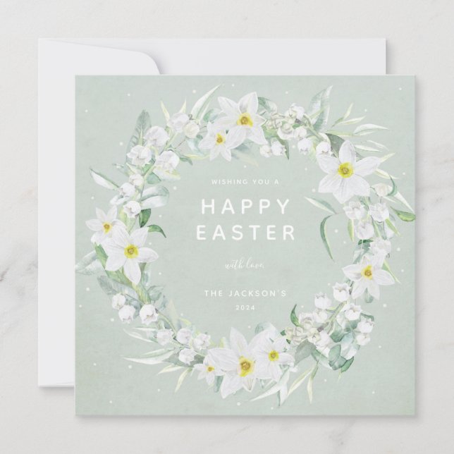 Green + White Floral Wreath Happy Easter Flat Card (Front)