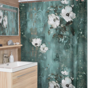 Green White Flower Floral Shower Curtain