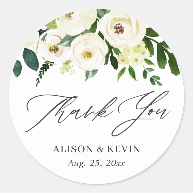 Green White Flowers Calligraphy Script Thank You Classic Round Sticker (Front)