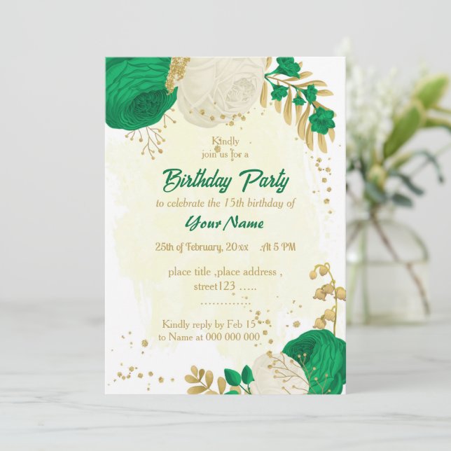 green  white flowers gold botanical birthday party invitation (Standing Front)