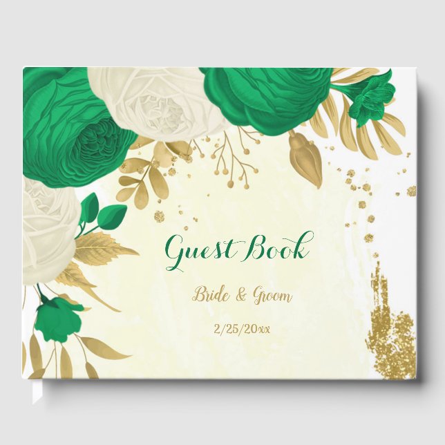 green & white flowers gold botanical wedding guest book (Front)