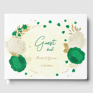 green & white flowers gold botanical wedding guest book