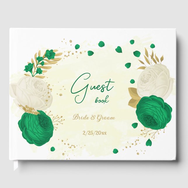 green & white flowers gold botanical wedding guest book (Front)