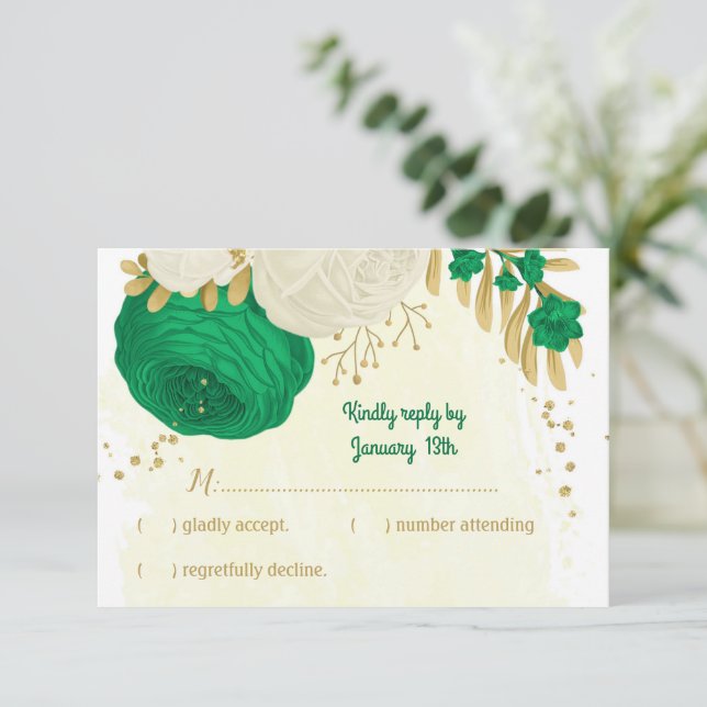 green white flowers gold botanical wedding RSVP card (Standing Front)