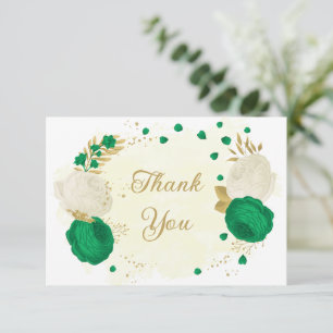 green & white flowers gold botanical wedding thank you card