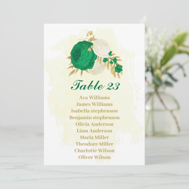 green & white flowers gold seating chart card (Standing Front)
