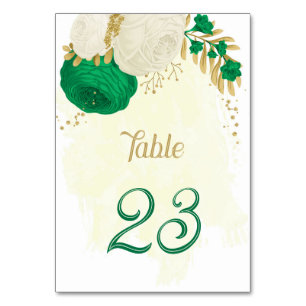 green & white flowers gold wedding table number