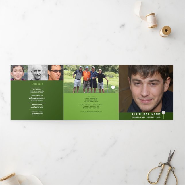 Green white Funeral service golfer custom photos Tri-Fold Programme (Outside)