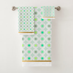 GREEN WHITE GEOMETRIC CIRCLES BATHROOM TOWEL SET