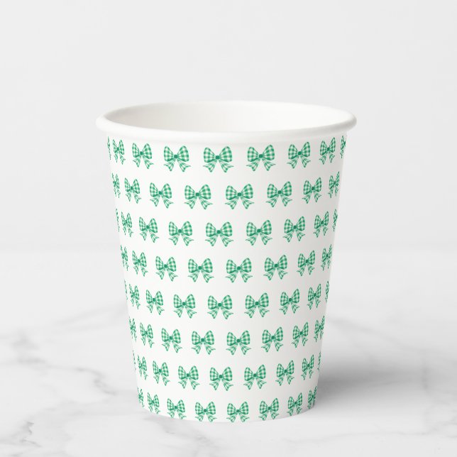 Green-white gingham bow pattern paper cups (Front)