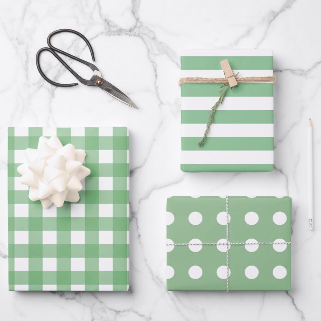 Green White Gingham Dots Striped Matching  Wrapping Paper Sheet (Front)