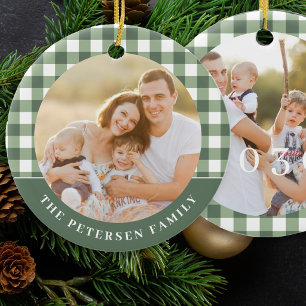 Green white gingham plaid 2 photo family Christmas Ceramic Ornament