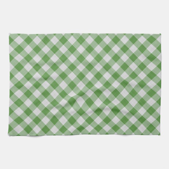 Green White Gingham Plaid Checkered Pattern Tea Towel (Horizontal)