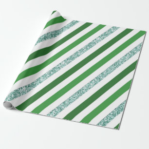 Green White Glitter Striped Holiday Wrapping Paper