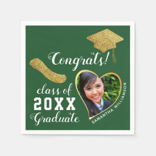 Green White Gold Class 2025 Grad Photo Graduation Napkin