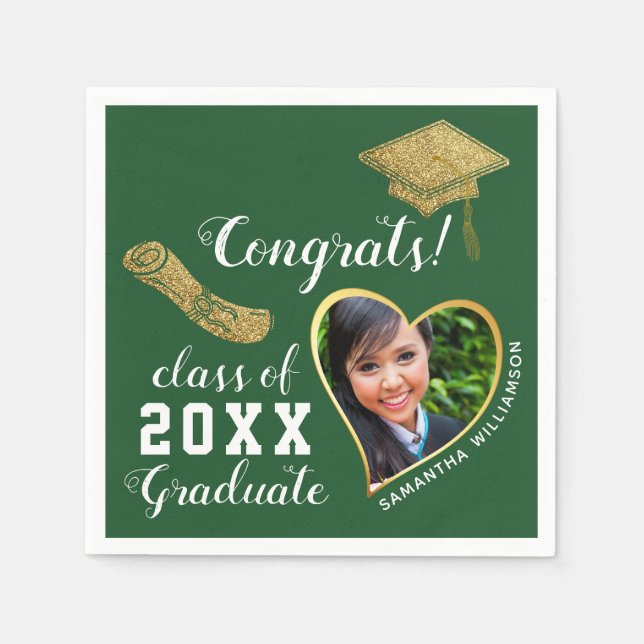 Green White Gold Class 2025 Grad Photo Graduation Napkin (Front)